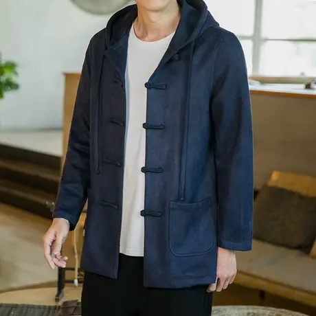 秋冬中国风男外套盘扣复古对襟汉服鹿皮绒唐装大码胖连帽宽松外套商品大图