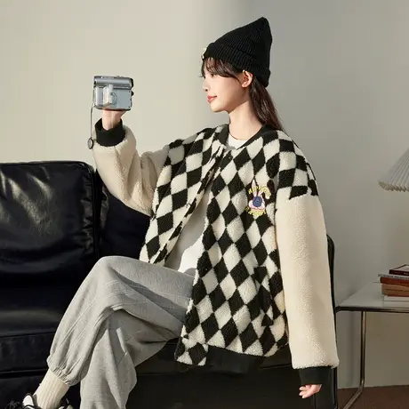 唐狮秋冬新款棒球服外套女棋盘格拼接仿羊羔毛设计感宽松短款上衣商品大图