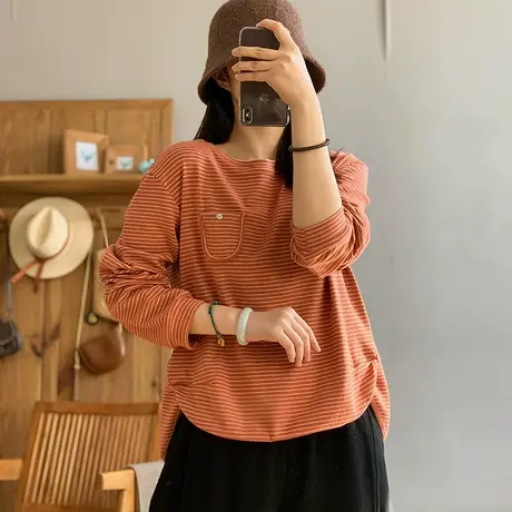 dza 复古宽松圆领口袋条纹卫衣女2024春季新款休闲开叉长袖上衣女商品大图