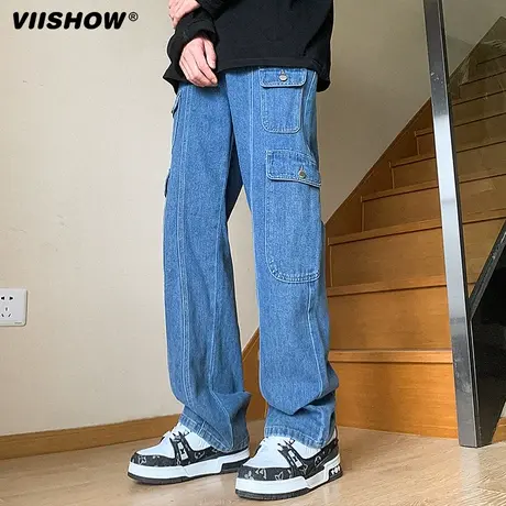 VIISHOW美式街舞口袋牛仔裤低腰显瘦宽松直筒裤拖地牛仔工装裤男商品大图