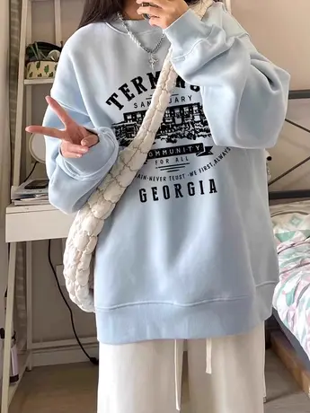 韩系圆领卫衣女2024新款减龄小众设计上衣秋冬加绒ins潮大码外套图片