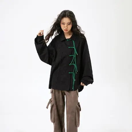 复古国潮设计感黑色春日衬衫女2024年新款国风宽松衬衣新中式上衣商品大图