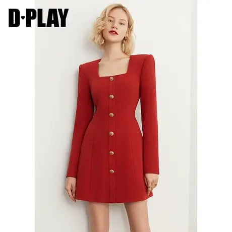 DPLAY春新复古轻奢铁锈红方领连衣裙立体垫肩收腰连衣裙图片
