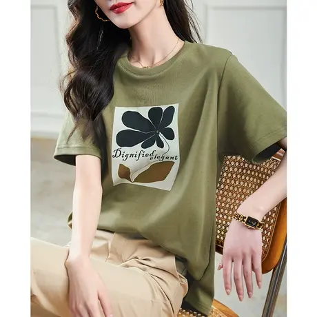 宝诗黎圆领印花内搭棉质上衣女新款2024夏季宽松短袖T恤简约百搭商品大图