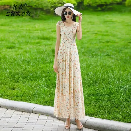 方领碎花裙女2024夏季新款英伦风高级感气质长裙茶歇法式连衣裙子图片