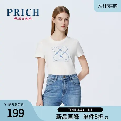 PRICH24春夏季新款正肩直身休闲简约通勤圆领印花短袖T恤衫女士图片