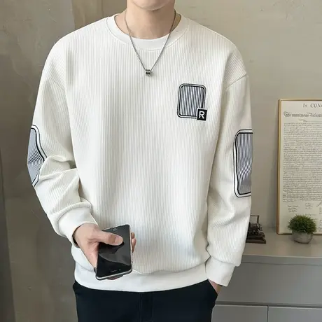 圆领卫衣男士春秋款重磅针织内搭套头上衣宽松秋冬加绒刺绣打底衫商品大图