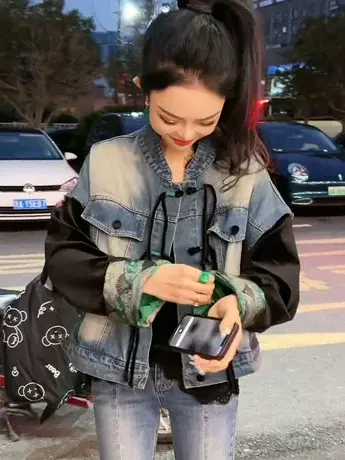 新中式国风复古拼接短款外套女欧货春季新款长袖百搭牛仔上衣女潮图片