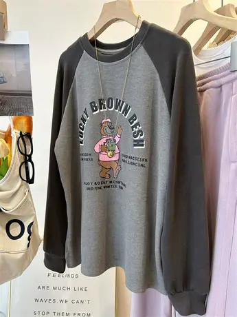 双面德绒 HAPPY小熊卡通印花撞色长袖打底衫女 韩国保暖磨毛t恤冬商品大图