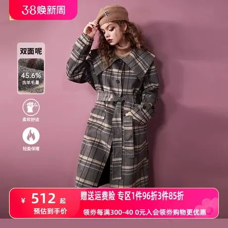 妖精的口袋翻领格纹毛呢大衣女2022秋冬新款复古加厚长款呢子外套图片