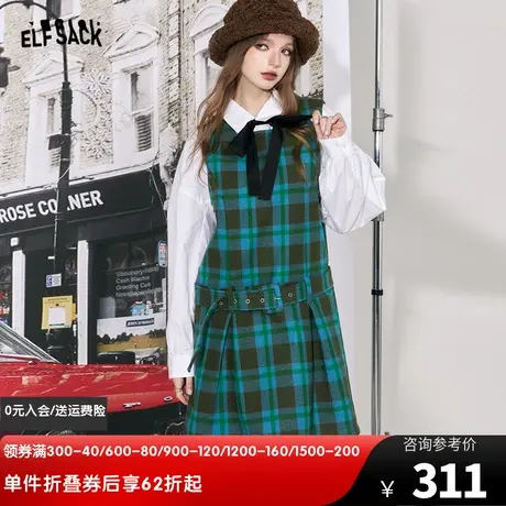 妖精的口袋格子毛呢背心连衣裙女2023冬新款小个子学院风格纹裙子商品大图