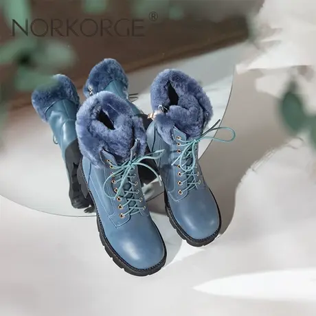 原创新款手工复古文艺雾蓝色雪地靴女真皮圆头粗跟马丁靴防滑短H商品大图