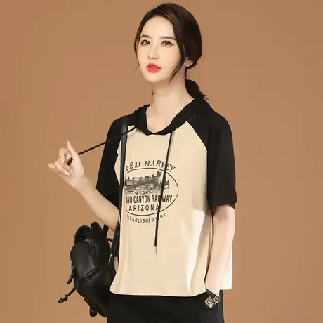 韩潮袭人连帽印花休闲短袖T恤女2023夏季新款宽松百搭拼接体恤衫商品大图
