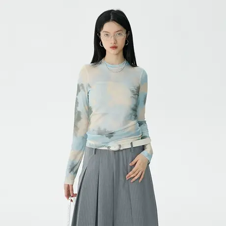 omont蛋挞家 晕染网纱T恤女夏季2023新款修身防晒打底衫长袖上衣图片