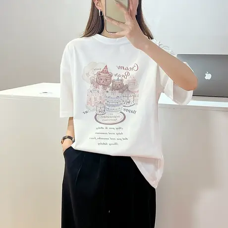 白色短袖t恤女2023新款夏季小衫宽松短款上衣设计感印花体恤洋气图片