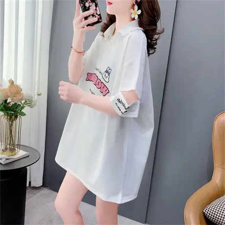 Polo领短袖T恤女夏季2023新款宽松中长款日系洋气休闲设计感上衣商品大图