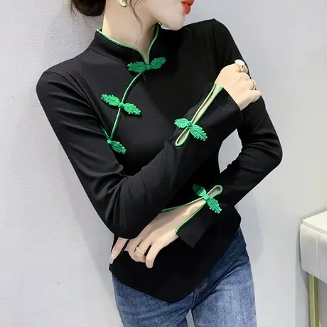 复古盘扣打底衫女春秋2023年新款中国风改良上衣修身洋气长袖T恤图片