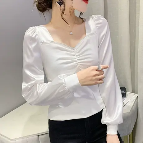 2023春秋新款法式泡泡袖T恤女长袖内搭性感V领打底衫纯色修身上衣商品大图