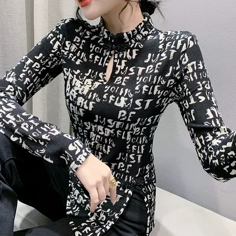 2023春秋新款不规则开叉T恤女长袖字母印花洋气上衣收腰紧身小衫商品大图