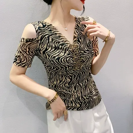 性感V领网纱上衣女夏装2023新款时尚露肩T恤ins洋气钉珠半袖小衫商品大图