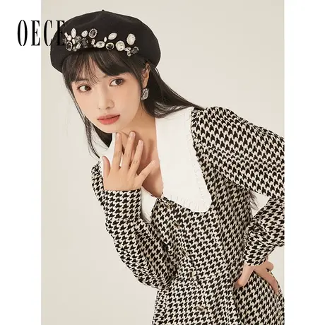 Oece复古减龄连衣裙2023春夏新款女装千鸟格气质收腰长袖裙子春秋图片