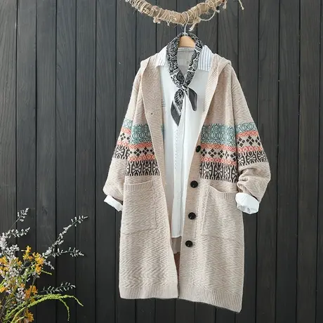 秋装2021年新款连帽针织开衫女中长款慵懒风宽松外搭长袖毛衣外套图片