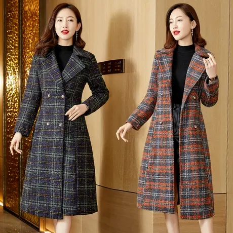 大衣外套女加厚过膝中长款时尚格子风衣翻领呢子外套秋冬保暖新款图片