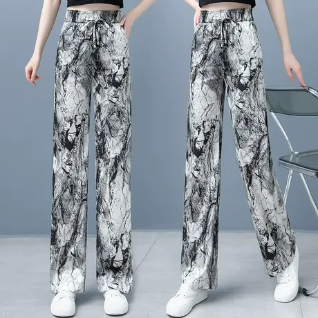 夏季冰丝阔腿裤女薄款松紧腰水墨画休闲长裤高腰系带垂感拖地裤子图片