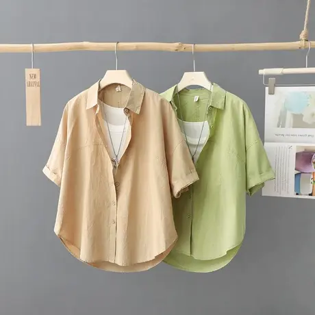 夏季2023年新款纯色短袖衬衫女洋气百搭休闲宽松薄款开衫衬衣上衣商品大图