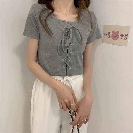 短款上衣女夏季2023年新款ins潮短袖T恤设计感小众绑带修身针织衫商品大图