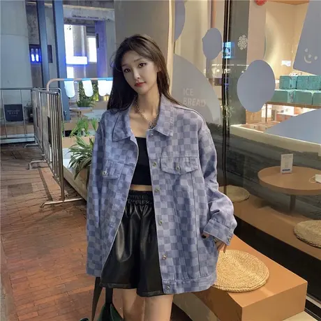 牛仔格子外套女2023新款秋冬宽松韩版小香风高级感上衣开衫棒球服图片