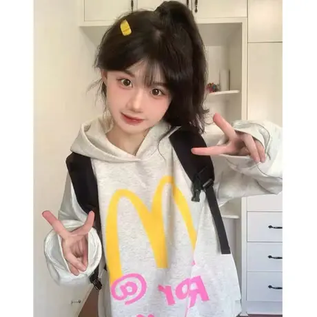 美式复古oversize潮牌卫衣女2023春秋宽松设计感小众薄款连帽外套商品大图