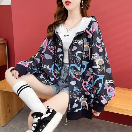 早秋装连帽卫衣女春秋季韩版宽松大码bf慵懒风ins薄款开衫外套潮商品大图