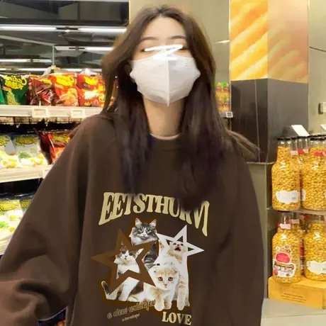 圆领卫衣女美式复古春秋2023新款宽松小众设计感无帽上衣oversize商品大图