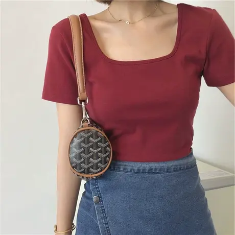 短袖T恤女修身方领纯棉短款紧身高腰露脐韩版网红ins超火潮上衣夏商品大图