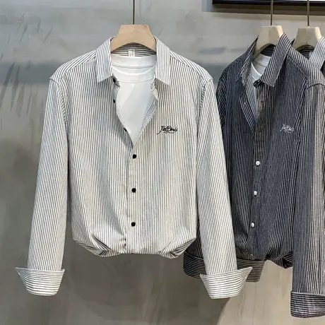 色织条纹衬衫春秋季潮流高级感男装上衣商务休闲男士长袖衬衣外穿商品大图