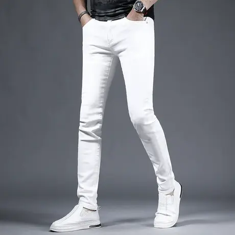高端纯白色牛仔裤男款修身小脚夏季薄款2023新款休闲弹力男士裤子商品大图