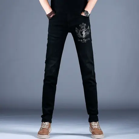 2023男士新款牛仔裤男时尚修身黑色烫钻刺绣小脚裤百搭百搭男潮牌商品大图