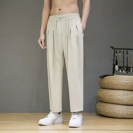 新中式中国风休闲裤子男装夏季冰丝九分裤阔腿垂坠感直筒西装裤潮商品大图