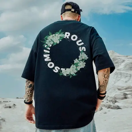 oversize欧美潮牌胖子男装加肥加大码国潮宽松情侣短袖T恤半袖夏商品大图