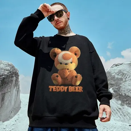 oversize小熊圆领卫衣男潮牌ins加肥加大码男装情侣胖子加绒春秋商品大图