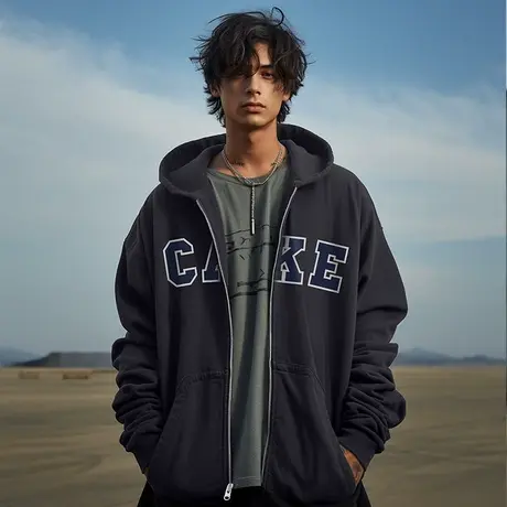 2023新款美式拉链卫衣男春秋季开衫胖子oversize大码宽松连帽外套商品大图