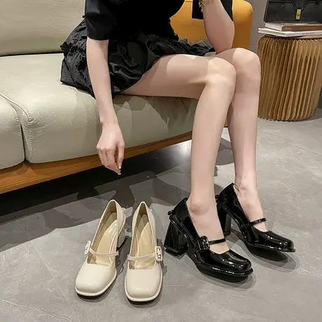 永希单鞋女夏新款法式方头浅口小皮鞋网红爆款一字带粗跟玛丽珍鞋商品大图