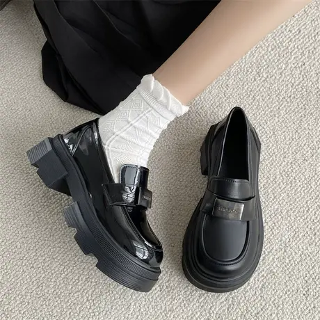 黑色小皮鞋女夏季2023年新款防滑粗跟配裙子单鞋一脚蹬夏日乐福鞋商品大图