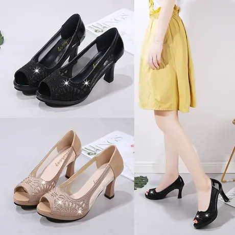 鱼嘴凉鞋女2023夏季新款气质名媛网纱透气水钻高跟鞋粗跟女士单鞋图片