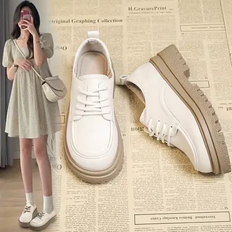 潮牌英伦小皮鞋女士厚底秋季新款复古乐福鞋韩版系带百搭休闲单鞋商品大图