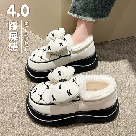 棉拖鞋女冬外穿时尚厚底棉鞋可爱蝴蝶结防滑静音防水包跟棉鞋商品大图