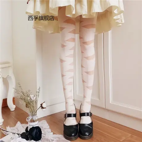 lolita交叉绑带连裤绷带镂空半透丝袜洛丽塔袜子 奶白捆绑袜商品大图