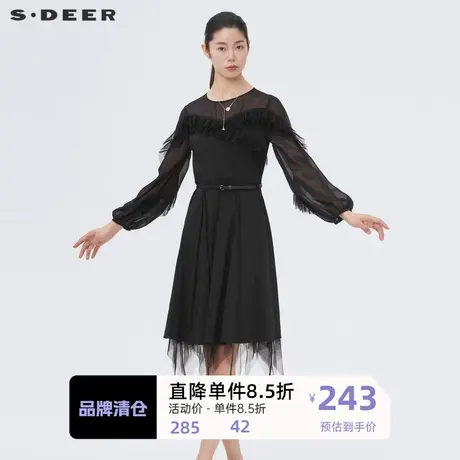 S·DEER圣迪奥女装时尚圆领抽褶网纱收腰连衣裙S221Z12A2图片