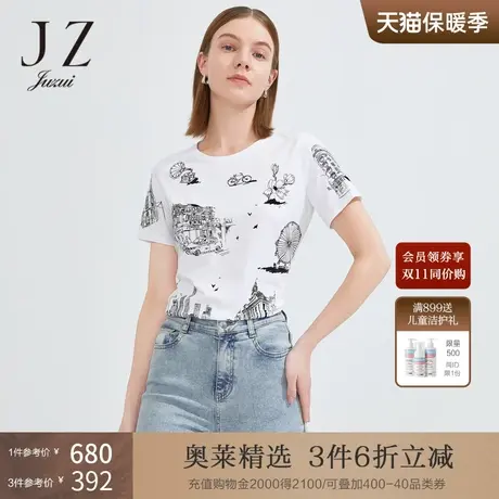JZ玖姿复古城市建筑单上衣女2022夏季新款时尚潮流休闲短袖T恤商品大图